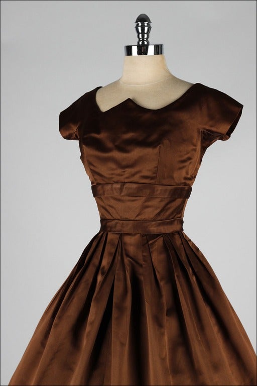 Vintage 1950's Suzy Perette Chocolate Brown Silk Satin Dress In Excellent Condition In Hudson on the Saint Croix, WI