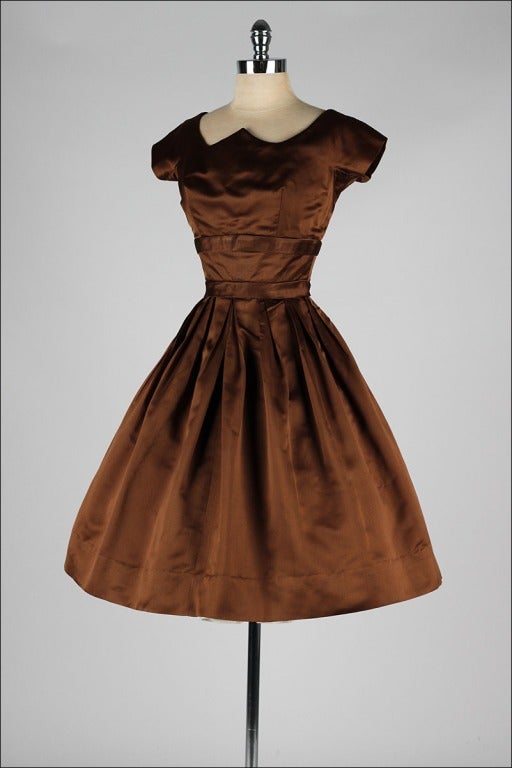 Vintage 1950's Suzy Perette Chocolate Brown Silk Satin Dress 1
