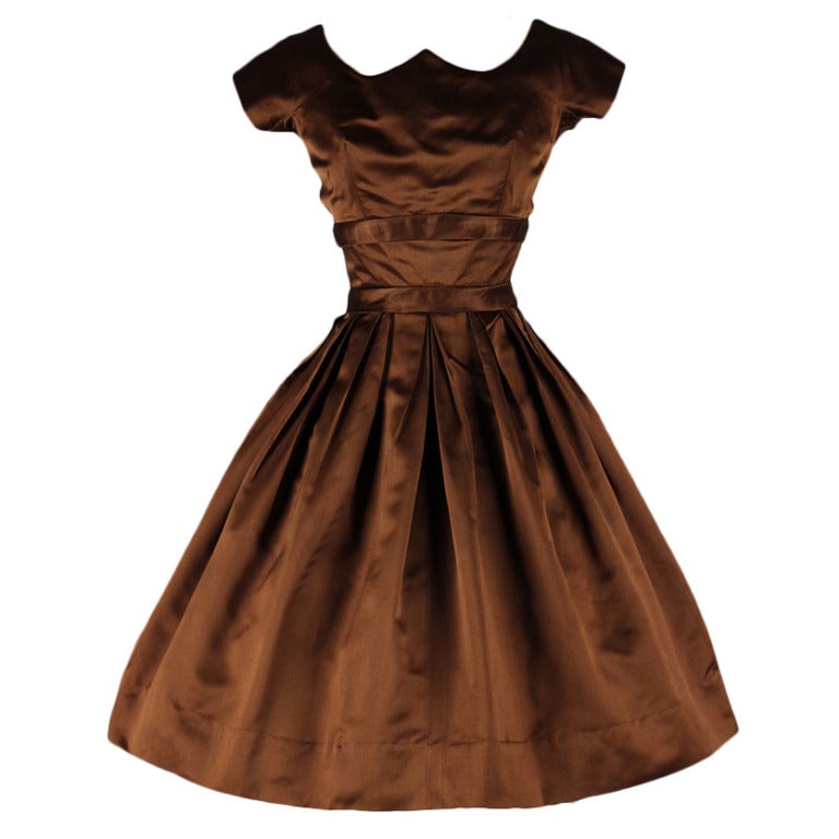 Vintage 1950's Suzy Perette Chocolate Brown Silk Satin Dress