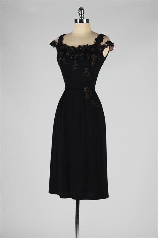 Vintage 1950's Peggy Hunt Black Illusion Lace Cocktail Dress In Excellent Condition In Hudson on the Saint Croix, WI