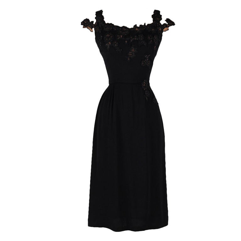 Vintage 1950''s Peggy Hunt Schwarzes Illusion-Spitzen-Cocktailkleid