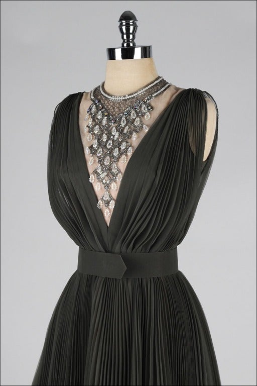 Women's Vintage 1960's Jack Bryan Deep Olive Jeweled Bib Dress
