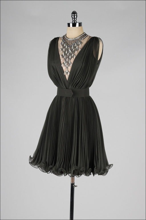 Vintage 1960's Jack Bryan Deep Olive Jeweled Bib Dress 1