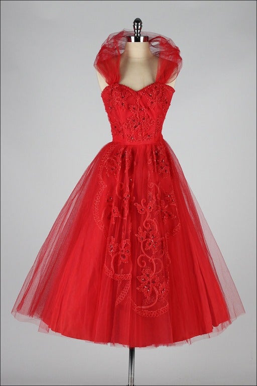 Vintage 1950's Red Tulle Sequins Cocktail Dress