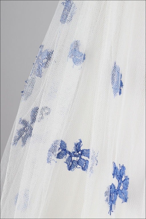 Vintage 1950's White Tulle Blue Floral Embroidery Dress In Excellent Condition In Hudson on the Saint Croix, WI