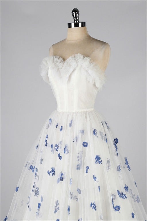 Vintage 1950's White Tulle Blue Floral Embroidery Dress 1