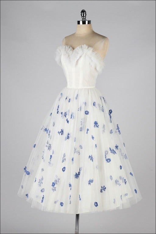 Vintage 1950's White Tulle Blue Floral Embroidery Dress 2