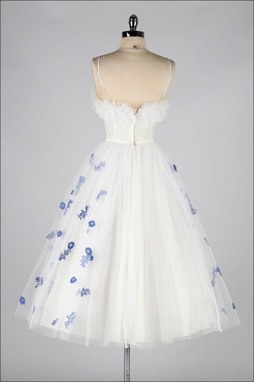 Vintage 1950's White Tulle Blue Floral Embroidery Dress 3