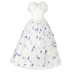 Retro 1950's White Tulle Blue Floral Embroidery Dress