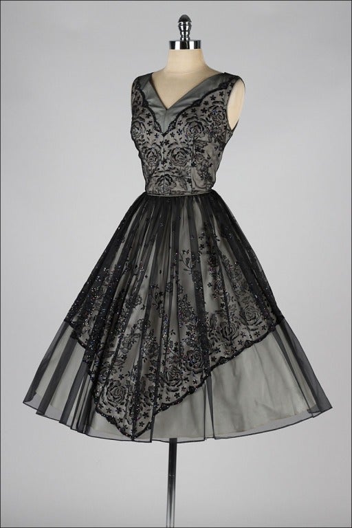 Women's Vintage 1950's Black Chiffon Glitter Flock Cocktail Dress