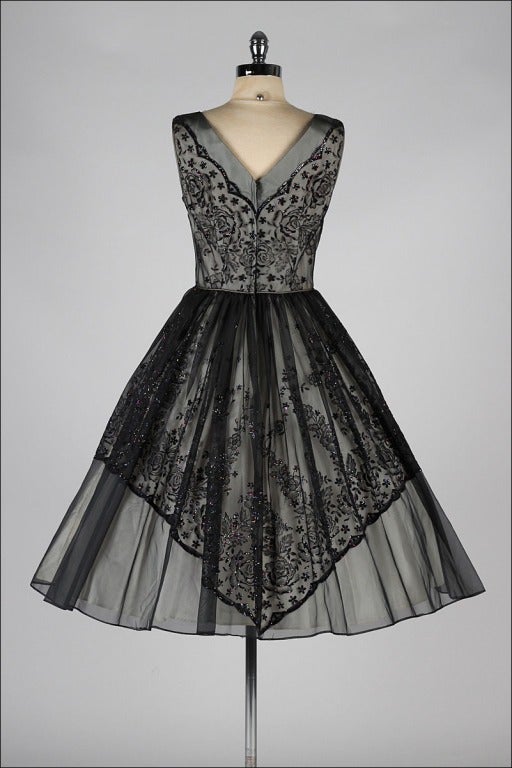 Vintage 1950's Black Chiffon Glitter Flock Cocktail Dress 2