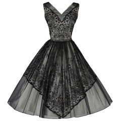 Vintage 1950's Black Chiffon Glitter Flock Cocktail Dress