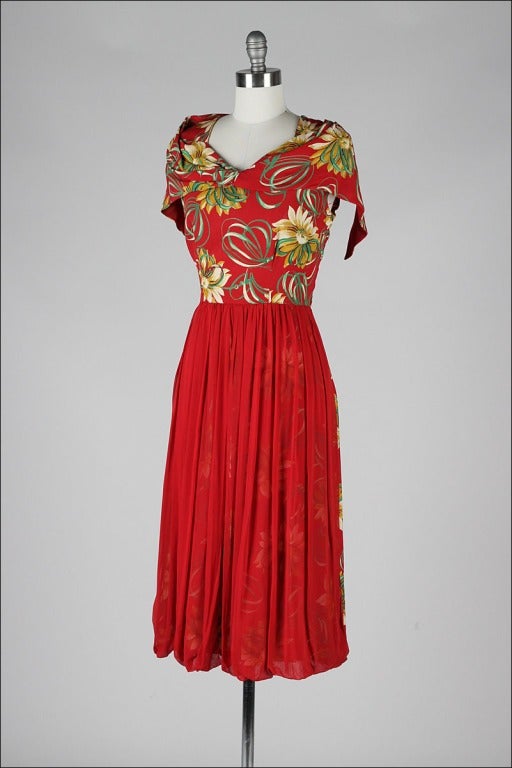 Vintage 1940's Red Floral Silk Crepe Cocktail Dress 1