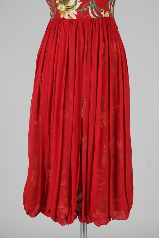 Vintage 1940's Red Floral Silk Crepe Cocktail Dress 2