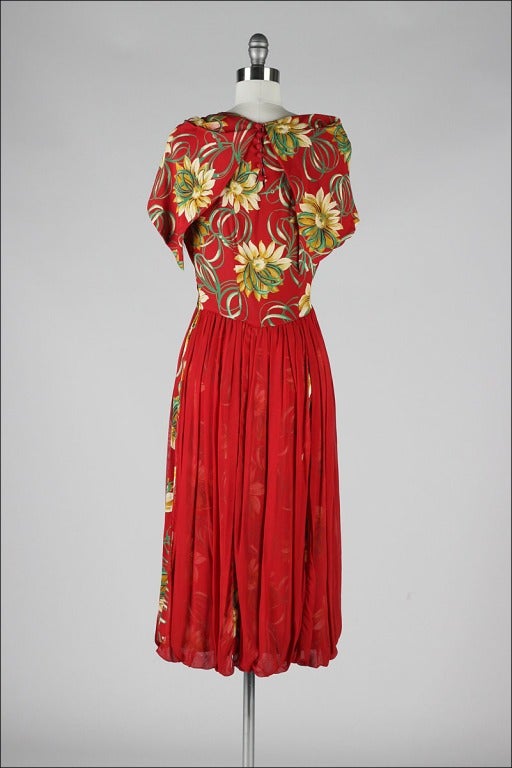 Vintage 1940's Red Floral Silk Crepe Cocktail Dress 3