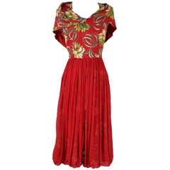 Vintage 1940's Red Floral Silk Crepe Cocktail Dress