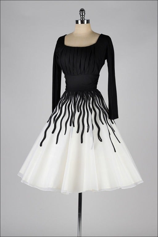 Vintage 1950's Black and White Ribbon Work Cocktail Dress 1
