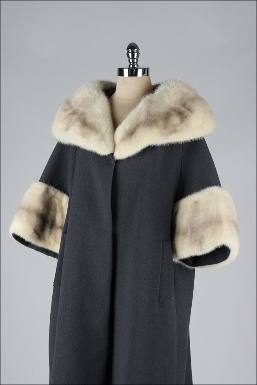 Women's Vintage 1950's Charcoal Wool Mink Trimmed Coat