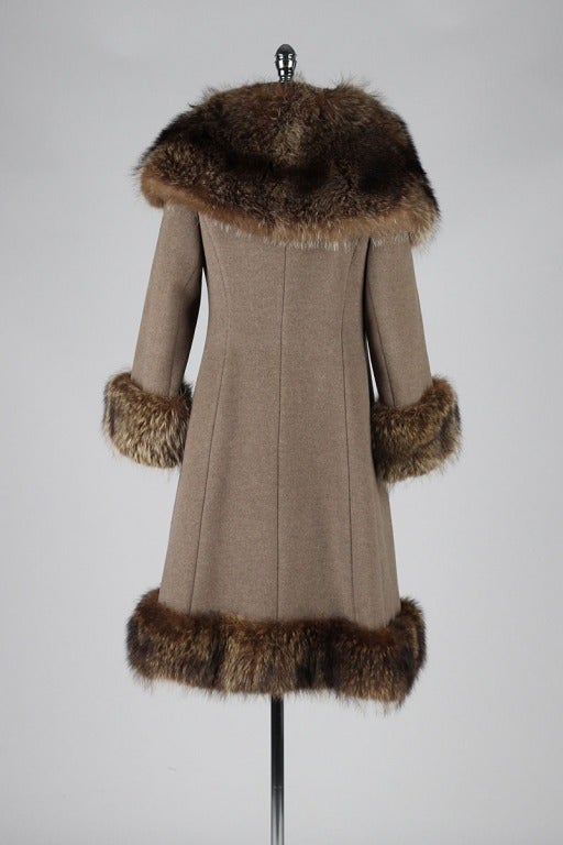 Women's Vintage 1960's Coyote Fur Trimmed Wool Princess Coat