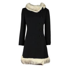 Vintage 1960's Black Wool Cross Mink Fur Trimmed Coat