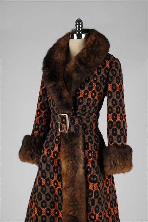 Vintage 1960's Optical Print Wool Rabbit Fur Trimmed Princess Coat at ...