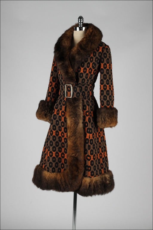Vintage 1960's Optical Print Wool Rabbit Fur Trimmed Princess Coat 3