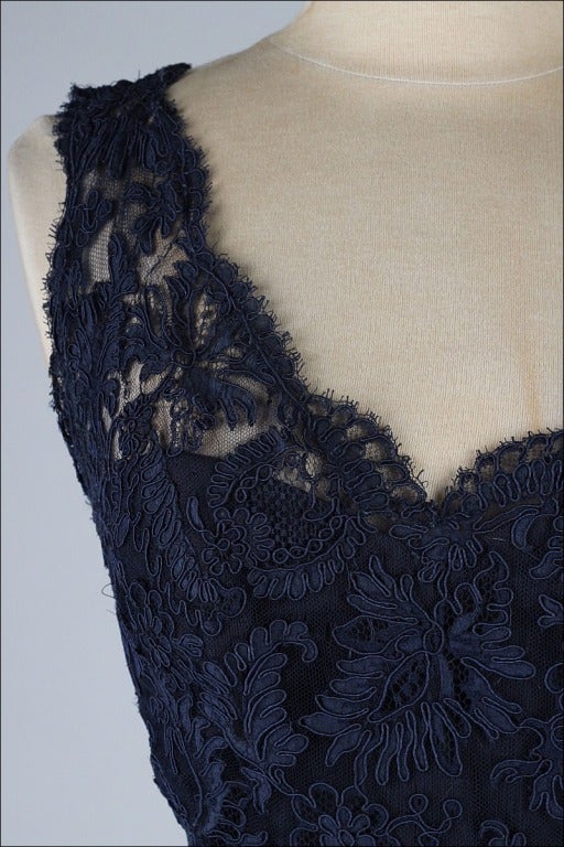 Vintage 1950's Midnight Blue Soutache Lace Cocktail Dress In Excellent Condition In Hudson on the Saint Croix, WI