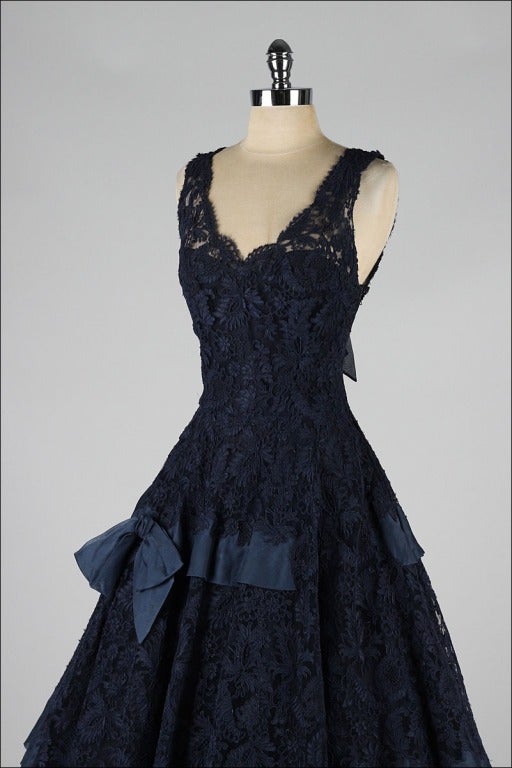 Vintage 1950's Midnight Blue Soutache Lace Cocktail Dress 1