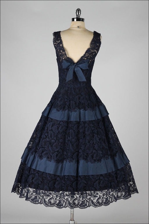 Vintage 1950's Midnight Blue Soutache Lace Cocktail Dress 5