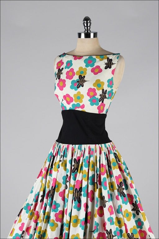 Vintage 1950's Alfred Shaheen Flower and Bee Print Dress 1