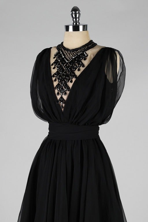 Women's Vintage 1960's Black Chiffon Jeweled Bib Dress