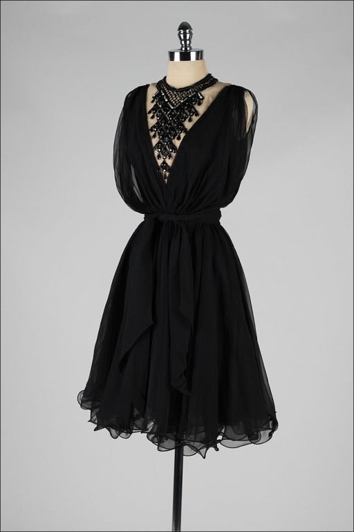 Vintage 1960's Black Chiffon Jeweled Bib Dress 2