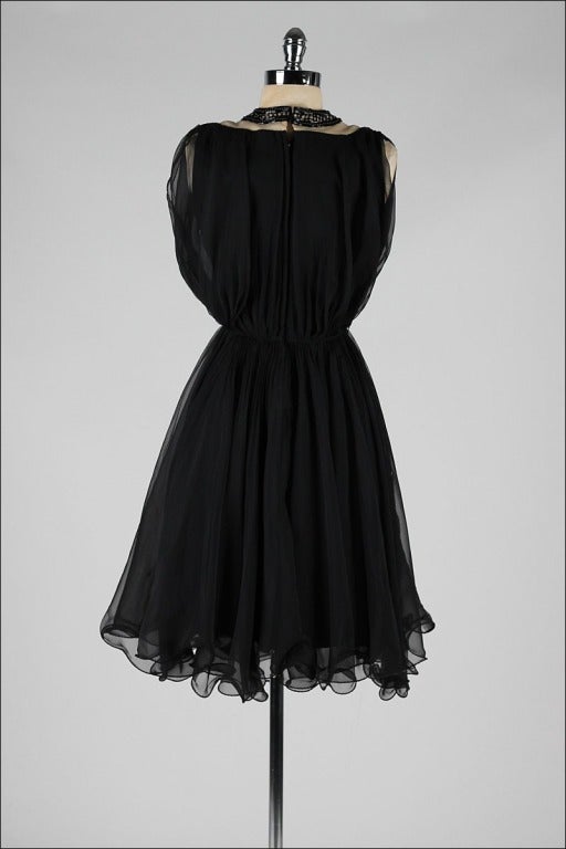 Vintage 1960's Black Chiffon Jeweled Bib Dress 3