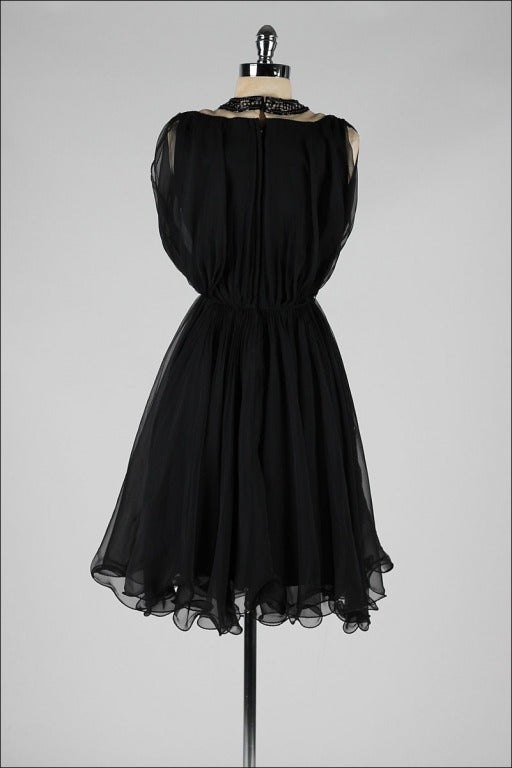 Vintage 1960's Black Chiffon Jeweled Bib Dress at 1stDibs