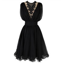 Vintage 1960's Black Chiffon Jeweled Bib Dress