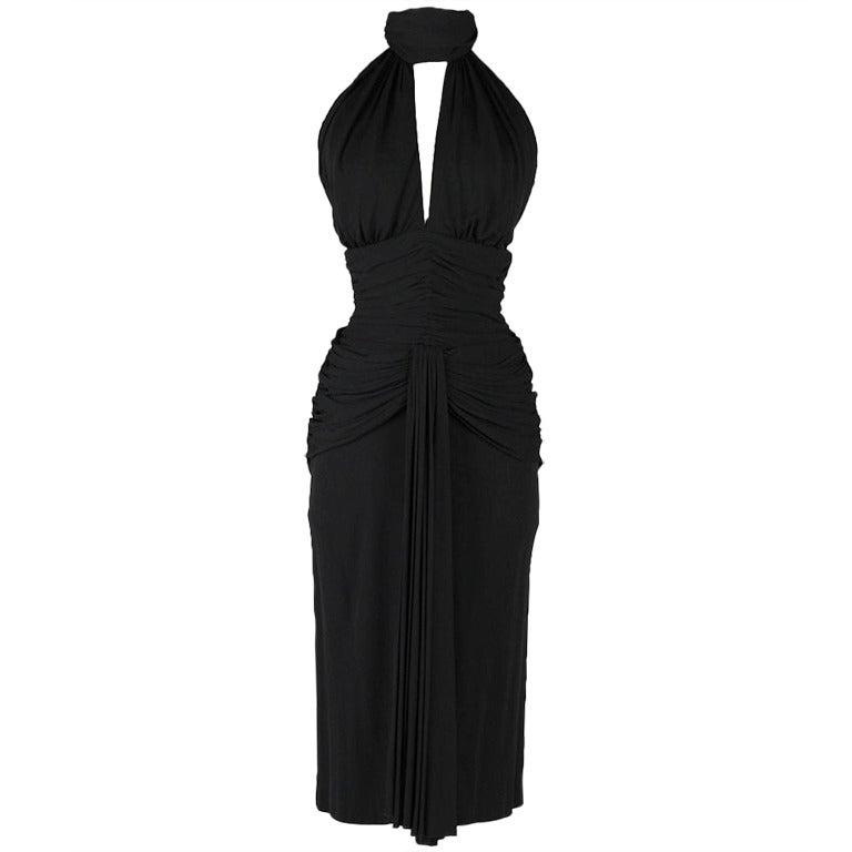 Vintage 1980's Vicky Tiel Deep Plunge Halter Neck Ruched Dress at 1stdibs