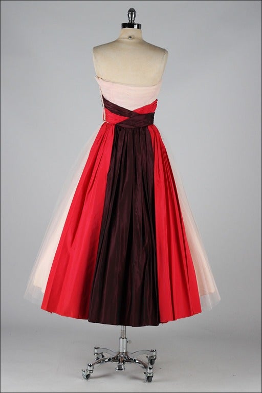 Vintage 1950's Pink Tulle Wrapped Sash Strapless Dress In Excellent Condition In Hudson on the Saint Croix, WI