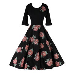 Vintage 1950's Black Wool Rhinestone Floral Dress