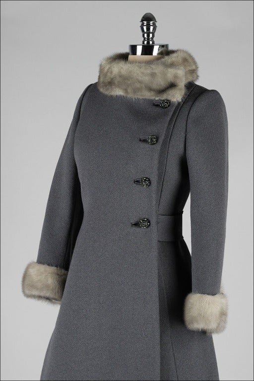 Vintage 1960's Gray Wool Mink Trimmed Coat 1