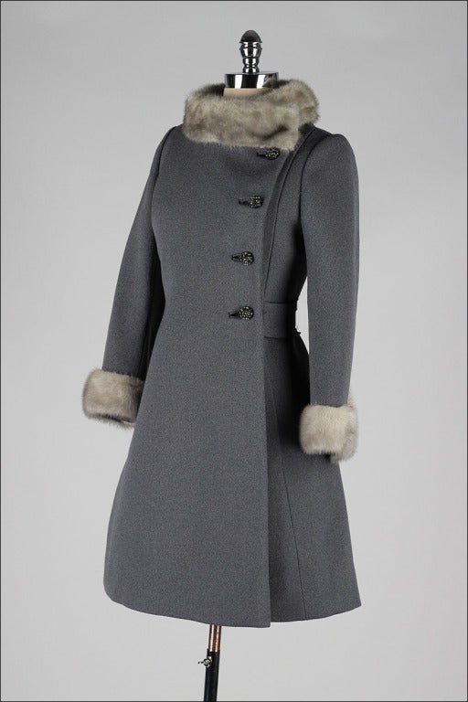 Vintage 1960's Gray Wool Mink Trimmed Coat 2