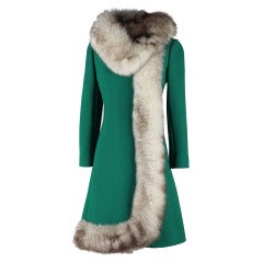 Retro 1960's Green Wool Silver Fox Fur Coat