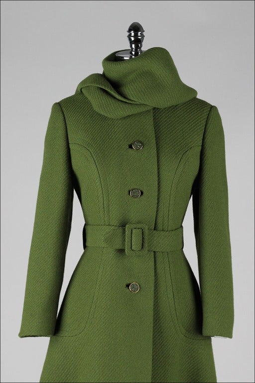 Women's Vintage 1960's Green Wool Coat Leopard Trim Scarf Coat