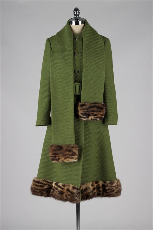 Vintage 1960's Green Wool Coat Leopard Trim Scarf Coat 1
