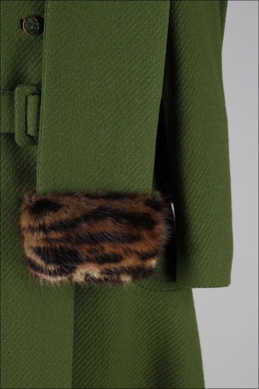 Vintage 1960's Green Wool Coat Leopard Trim Scarf Coat 3