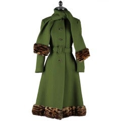 Vintage 1960's Green Wool Coat Leopard Trim Scarf Coat