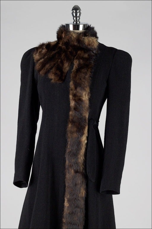 Vintage 1940's Fanned Mink Black Wool Boucle Coat 1