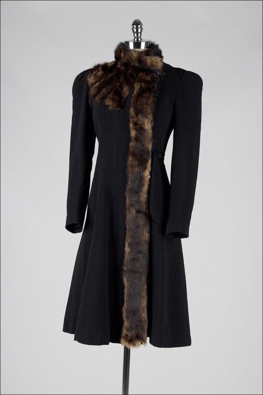 Vintage 1940's Fanned Mink Black Wool Boucle Coat 2