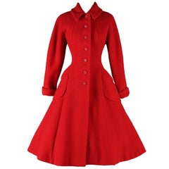 Vintage 1950's Red Wool Rhinestone Button Princess Coat
