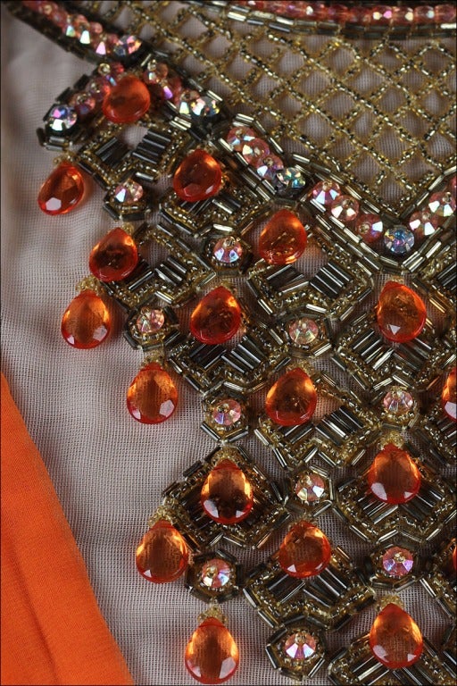 Vintage 1960's Jack Bryan Tangerine Chiffon Jeweled Bib Dress In Excellent Condition In Hudson on the Saint Croix, WI