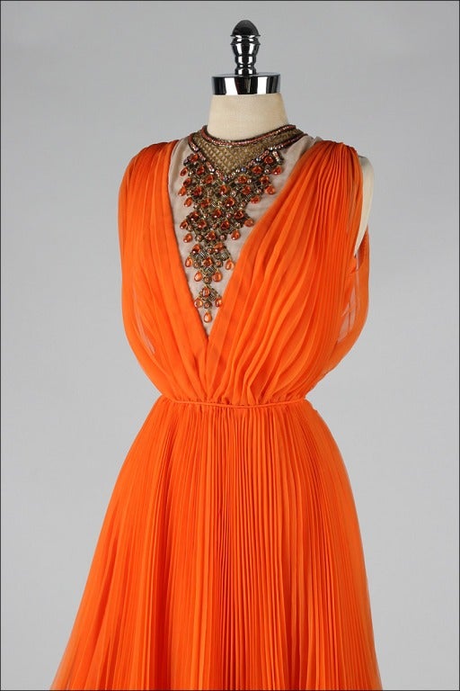 Women's Vintage 1960's Jack Bryan Tangerine Chiffon Jeweled Bib Dress